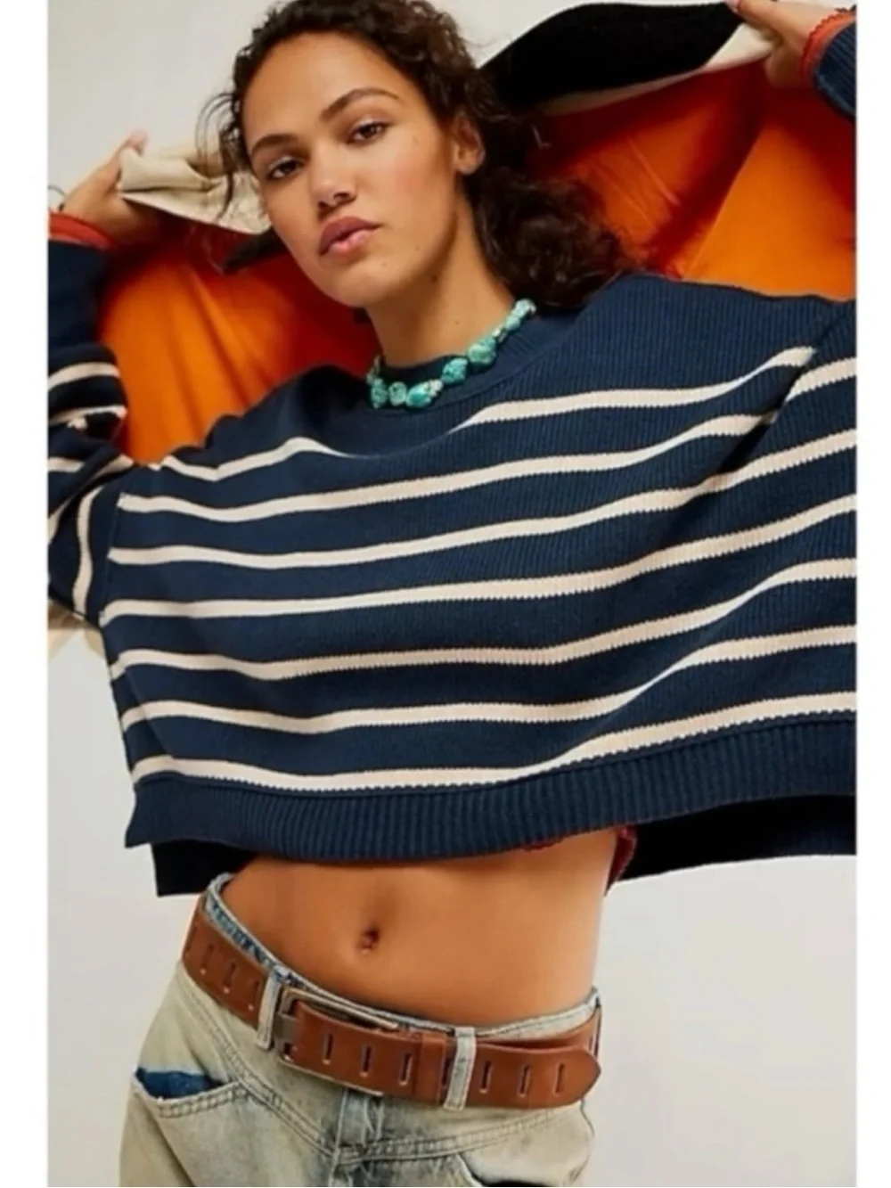 Free People Easy Street Stripe Crop Pullover Size Large NWT Navy Preppy Coastal